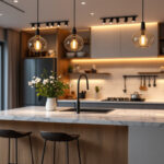 A photograph of a beautifully designed kitchen island featuring stylish pendant lights