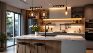 A photograph of a beautifully designed kitchen island featuring stylish pendant lights