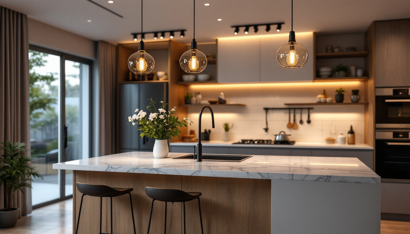 A photograph of a beautifully designed kitchen island featuring stylish pendant lights