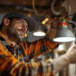 A photograph of a skilled lighting contractor at work