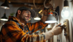 A photograph of a skilled lighting contractor at work