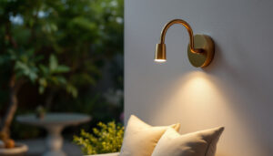 A photograph of a beautifully styled outdoor space featuring a gold gooseneck sconce illuminating a cozy seating area