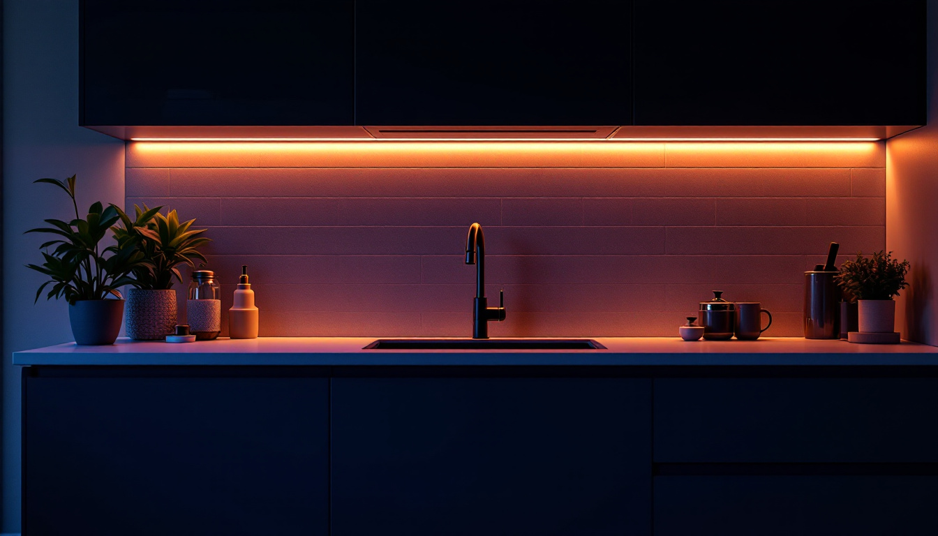 A photograph of a modern kitchen with stylish under-cabinet led lights illuminating the countertop