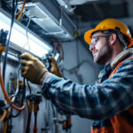 A photograph of a lighting contractor skillfully replacing a fluorescent ballast in a commercial setting