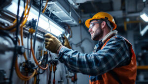 A photograph of a lighting contractor skillfully replacing a fluorescent ballast in a commercial setting