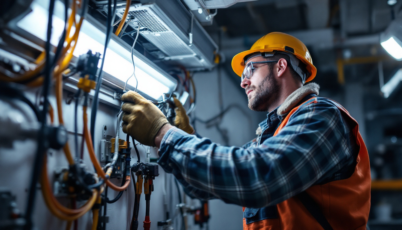 A photograph of a lighting contractor skillfully replacing a fluorescent ballast in a commercial setting