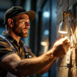 A photograph of a lighting contractor skillfully installing or adjusting an illuminated wave sensor in a commercial or residential setting