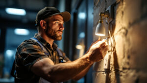 A photograph of a lighting contractor skillfully installing or adjusting an illuminated wave sensor in a commercial or residential setting