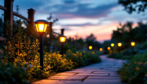A photograph of a beautifully illuminated outdoor space at dusk