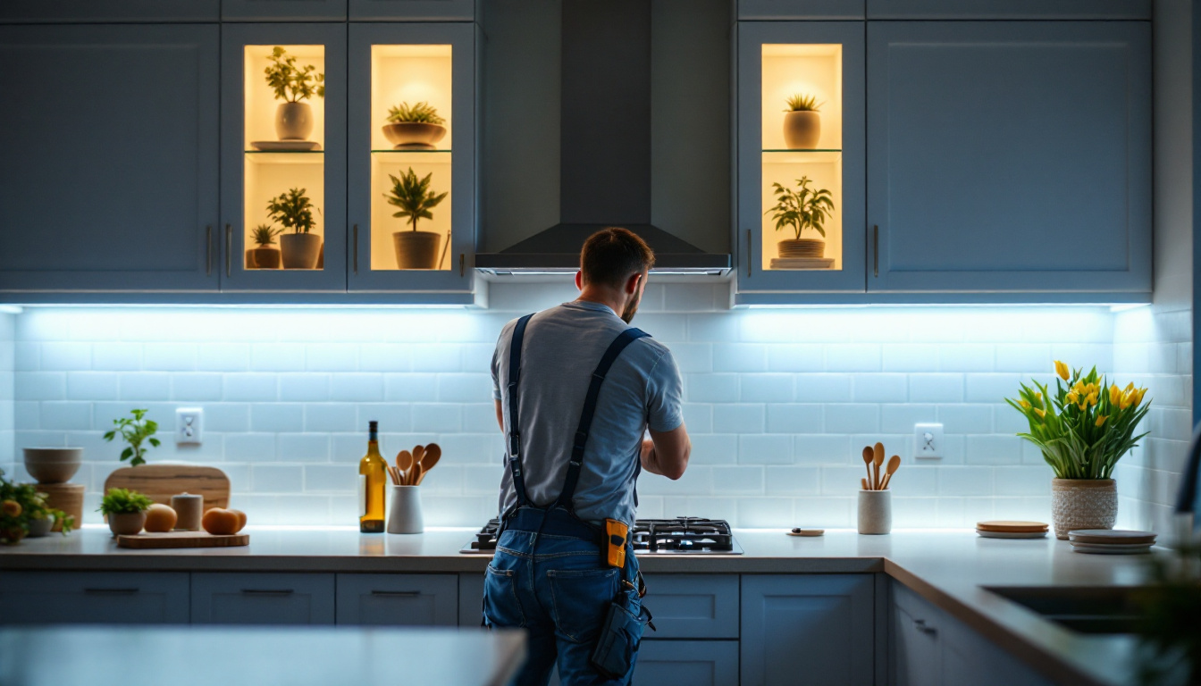 A photograph of a beautifully illuminated kitchen featuring under cabinet led strip lighting