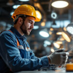 A photograph of a skilled lighting contractor examining various led lighting fixtures in a well-lit workspace