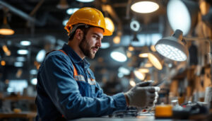 A photograph of a skilled lighting contractor examining various led lighting fixtures in a well-lit workspace
