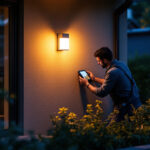 A photograph of a lighting contractor installing a sleek