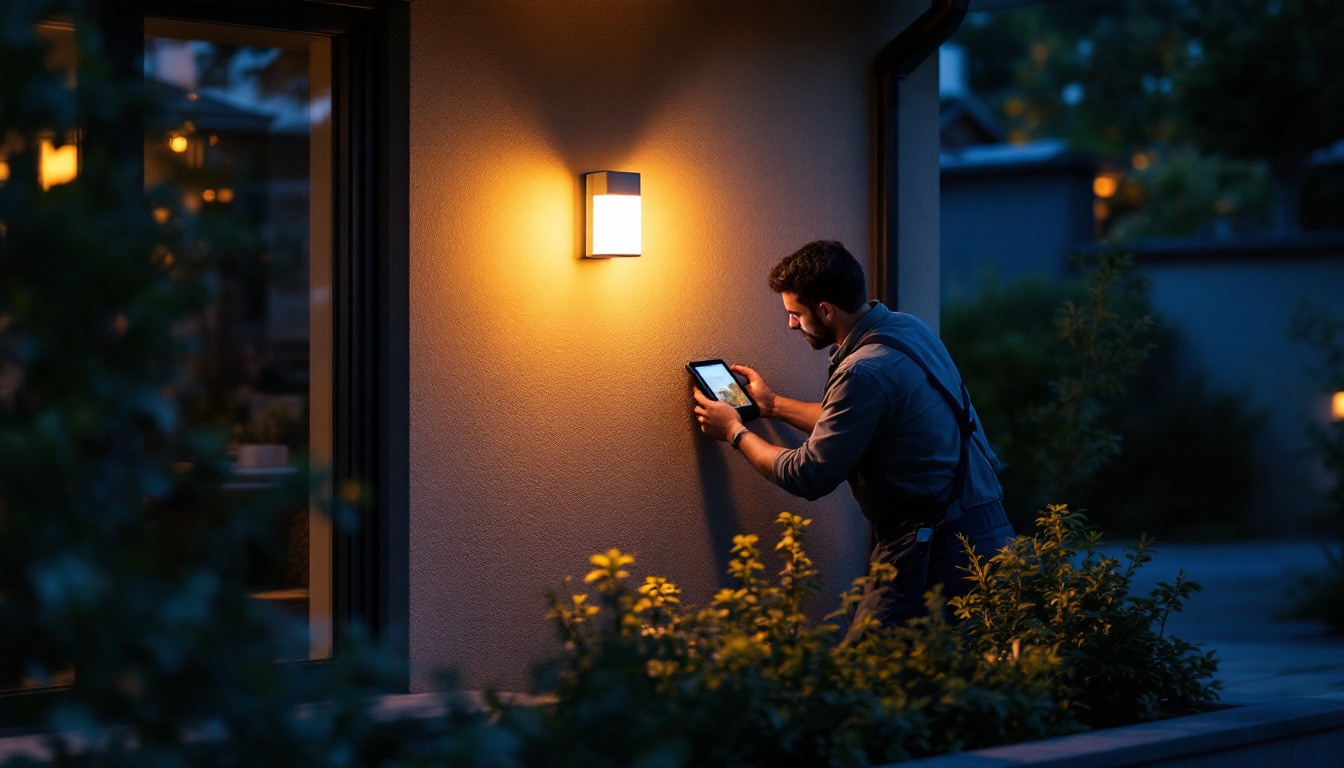 A photograph of a lighting contractor installing a sleek