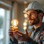 A photograph of a lighting contractor inspecting a flickering light bulb in a residential setting