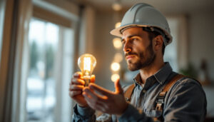 A photograph of a lighting contractor inspecting a flickering light bulb in a residential setting