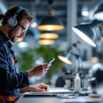 A photograph of a lighting contractor in action