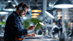 A photograph of a lighting contractor in action