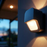 A photograph of a stylish exterior light fixture equipped with a motion sensor