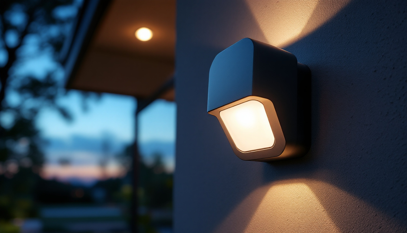 A photograph of a stylish exterior light fixture equipped with a motion sensor