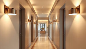 A photograph of a beautifully designed hallway featuring various wall light fixtures that highlight their aesthetic appeal and functionality