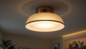 A photograph of a stylish covered ceiling light fixture in a modern interior setting