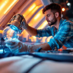 A photograph of a lighting contractor expertly replacing tanning bed light bulbs in a well-lit salon
