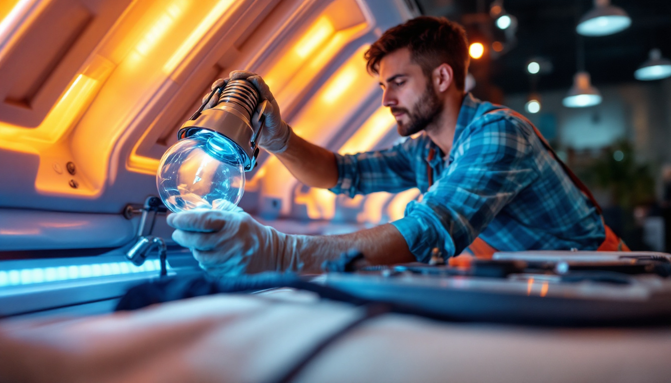 A photograph of a lighting contractor expertly replacing tanning bed light bulbs in a well-lit salon