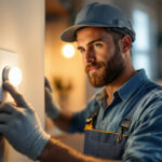 A photograph of a skilled lighting contractor installing a dimmer switch for dimmable led lights in a modern home setting