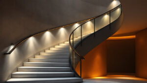 A photograph of a beautifully illuminated staircase featuring various lighting fixtures