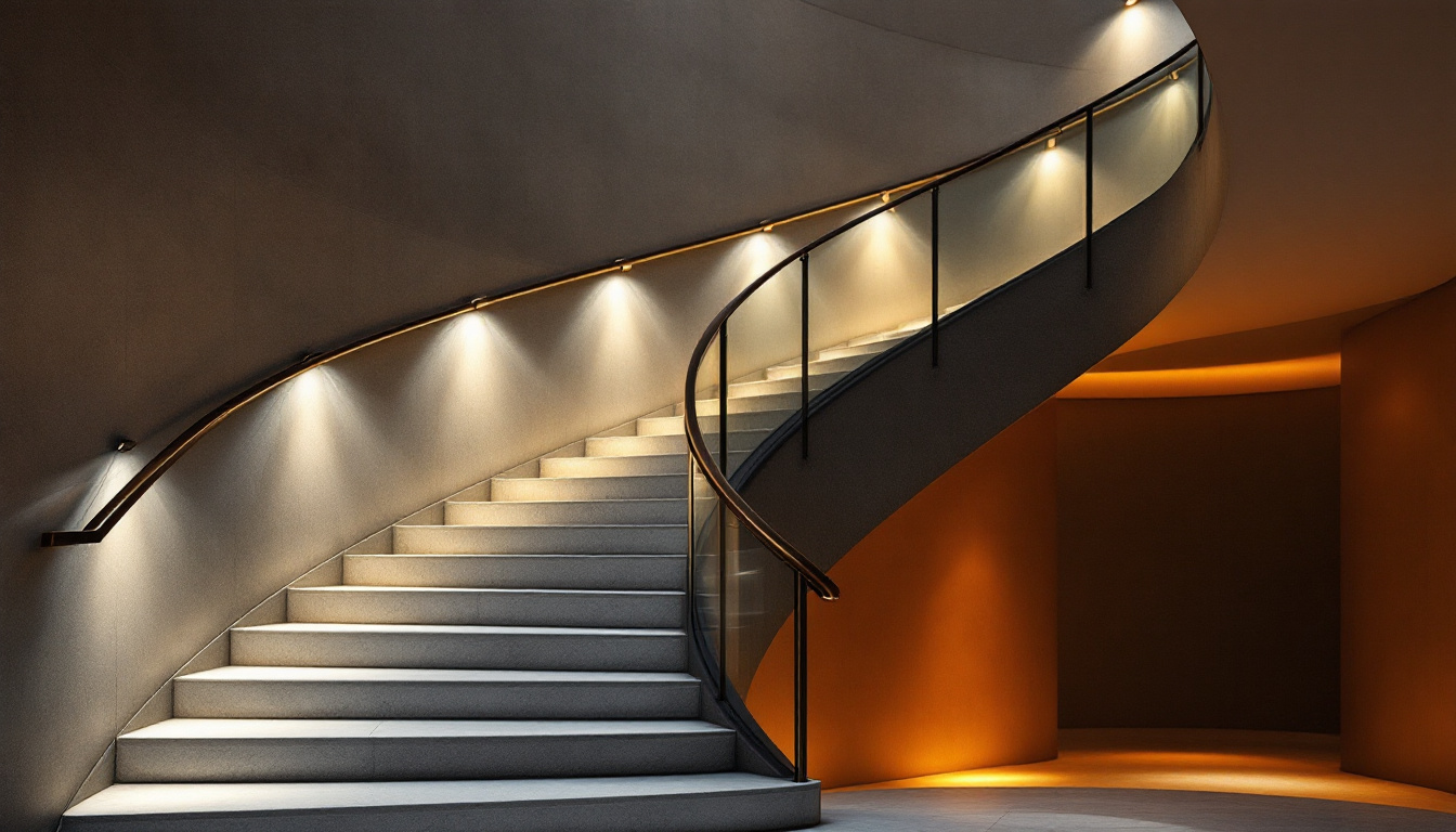 A photograph of a beautifully illuminated staircase featuring various lighting fixtures