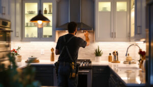 A photograph of a beautifully designed kitchen showcasing various types of in-cabinet lighting