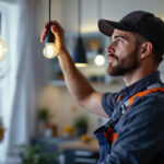 A photograph of a lighting contractor efficiently installing or adjusting modern