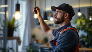 A photograph of a lighting contractor efficiently installing or adjusting modern