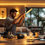 A photograph of a lighting contractor expertly installing a type g bulb in a stylish residential setting