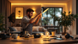 A photograph of a lighting contractor expertly installing a type g bulb in a stylish residential setting
