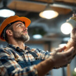A photograph of a lighting contractor installing inversal lighting system bulbs in a modern commercial space