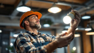 A photograph of a lighting contractor installing inversal lighting system bulbs in a modern commercial space