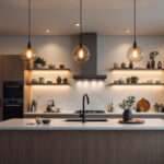 A photograph of a beautifully designed kitchen featuring stylish ceiling fixtures that highlight the space's ambiance