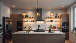 A photograph of a beautifully designed kitchen featuring stylish ceiling fixtures that highlight the space's ambiance