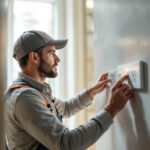 A photograph of a lighting contractor expertly installing or inspecting electrical outlets in a well-lit residential or commercial space