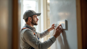 A photograph of a lighting contractor expertly installing or inspecting electrical outlets in a well-lit residential or commercial space