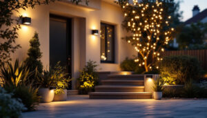 A photograph of a well-lit outdoor setting featuring various led motion sensor lights in use