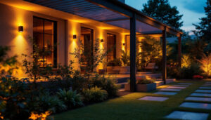 A photograph of capture a photograph of a beautifully lit outdoor space featuring recessed fixtures