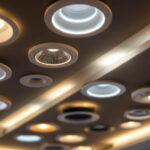 A photograph of a close-up view of various recessed light trims installed in a stylish ceiling