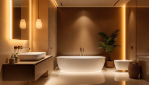 A photograph of a modern bathroom showcasing stylish led lighting