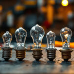 A photograph of a close-up of various standard incandescent bulb bases arranged on a workbench