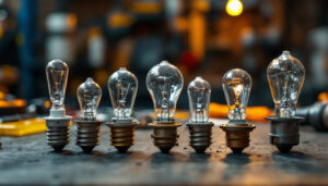 A photograph of a close-up of various standard incandescent bulb bases arranged on a workbench
