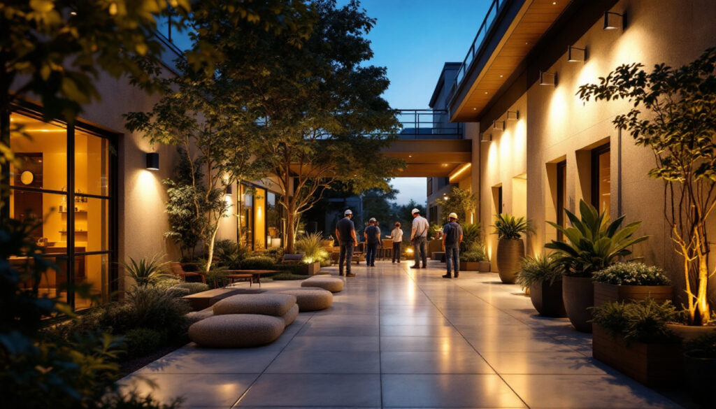 A photograph of a well-lit outdoor space showcasing various lighting installations