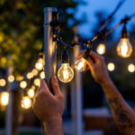 A photograph of capture a photograph of a lighting contractor installing string lights on a pole